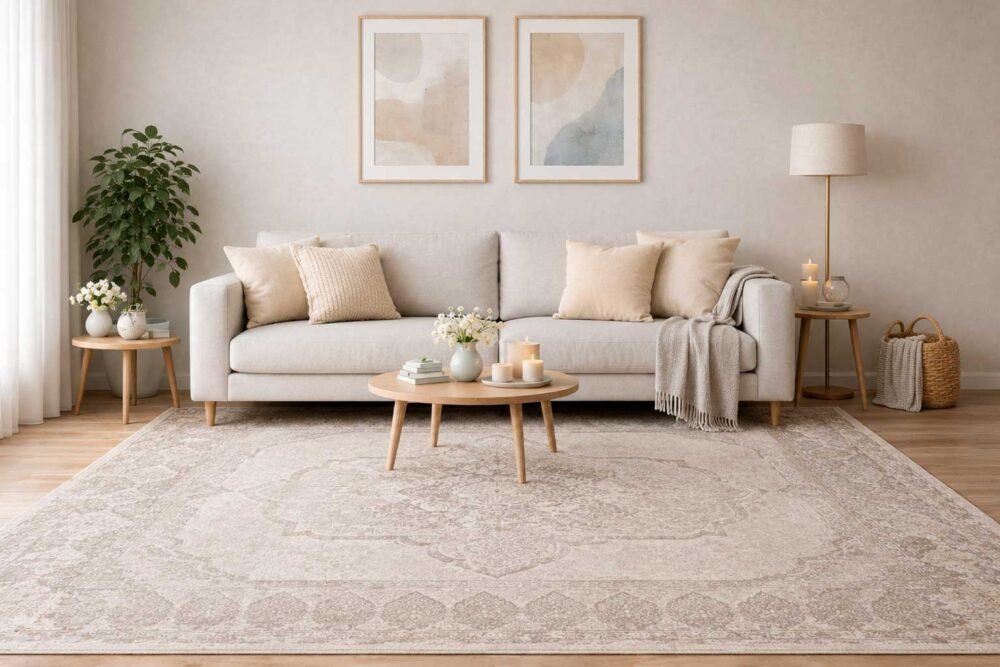 Alfombra persa vintage Zafira decorando un salón moderno en tonos neutros