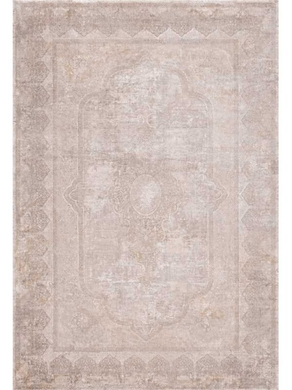 Alfombra persa vintage Zafira en tonos gris, arena y blanco roto con medallón central