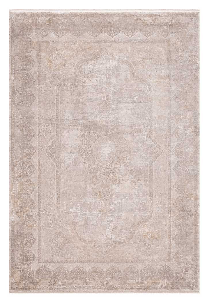 Alfombra persa vintage Zafira en tonos gris, arena y blanco roto con medallón central
