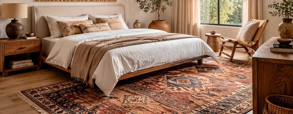 Dormitorio elegante con alfombra kilim grande en tonos tierra