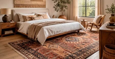Dormitorio elegante con alfombra kilim grande en tonos tierra