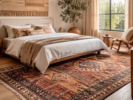 Dormitorio elegante con alfombra kilim grande en tonos tierra