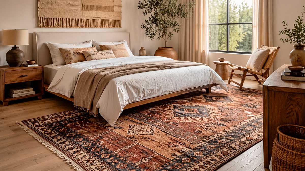 Dormitorio elegante con alfombra kilim grande en tonos tierra