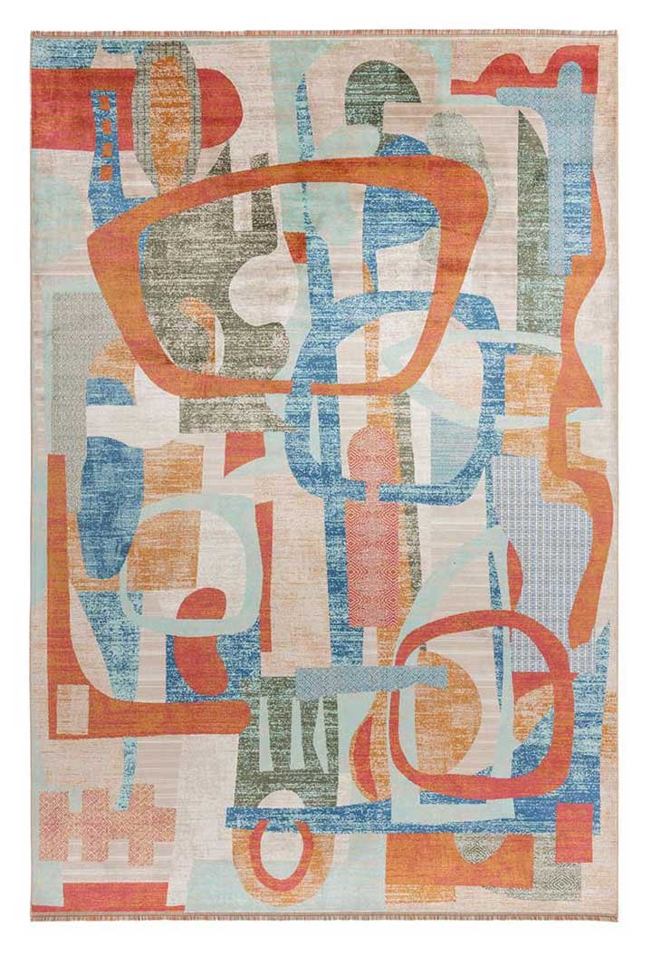 Alfombra abstracta multicolor Matisse con diseño geométrico en azul, terracota y beige