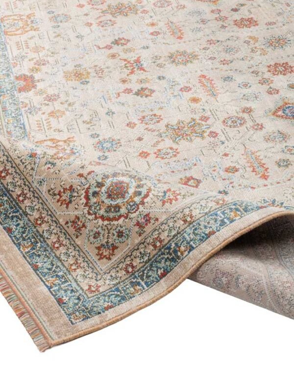 Alfombra oriental moderna IC404 en tonos crema, azul turquesa y terracota con motivos florales y cenefa decorativa