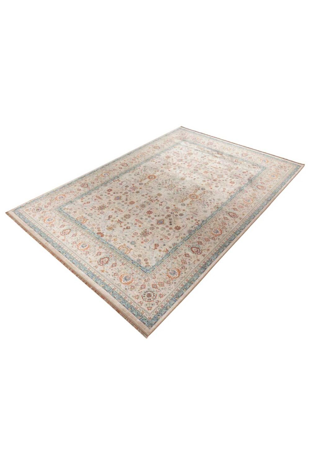 Alfombra oriental moderna IC404 en tonos crema, azul turquesa y terracota con motivos florales y cenefa decorativa