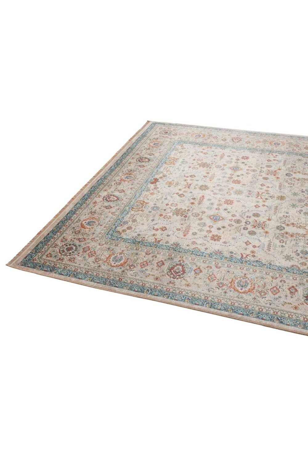 Alfombra oriental moderna IC404 en tonos crema, azul turquesa y terracota con motivos florales y cenefa decorativa