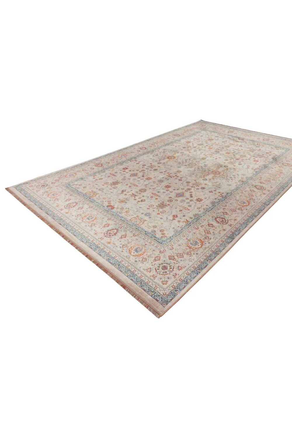 Alfombra oriental moderna IC404 en tonos crema, azul turquesa y terracota con motivos florales y cenefa decorativa