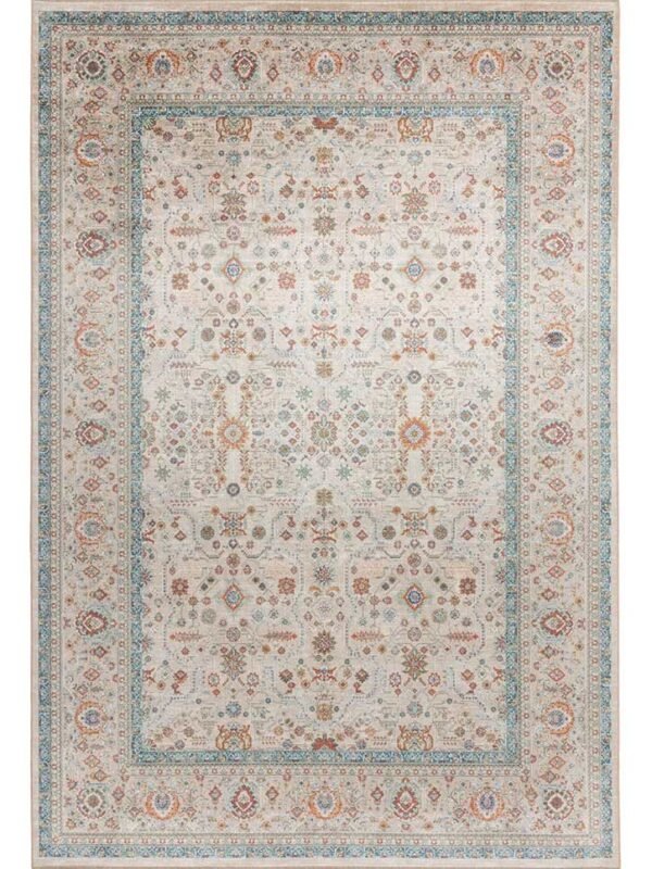 Alfombra oriental moderna IC404 en tonos crema, azul turquesa y terracota con motivos florales y cenefa decorativa