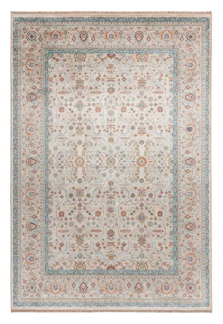 Alfombra oriental moderna IC404 en tonos crema, azul turquesa y terracota con motivos florales y cenefa decorativa