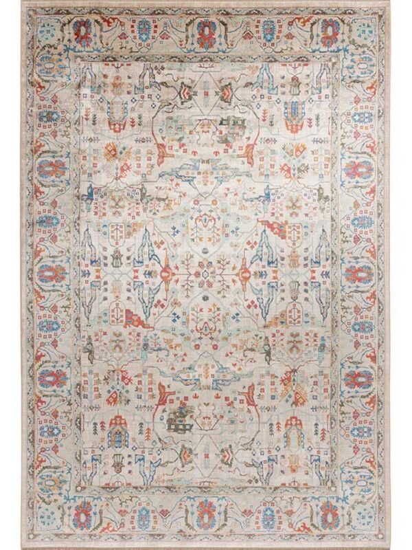 Alfombra oriental multicolor con fondo crema y motivos geométricos y florales