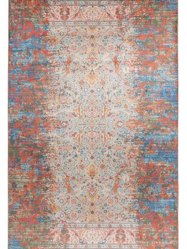 Alfombra vintage multicolor en tonos coral, terracota y azul turquesa con diseño oriental y efecto desgastado
