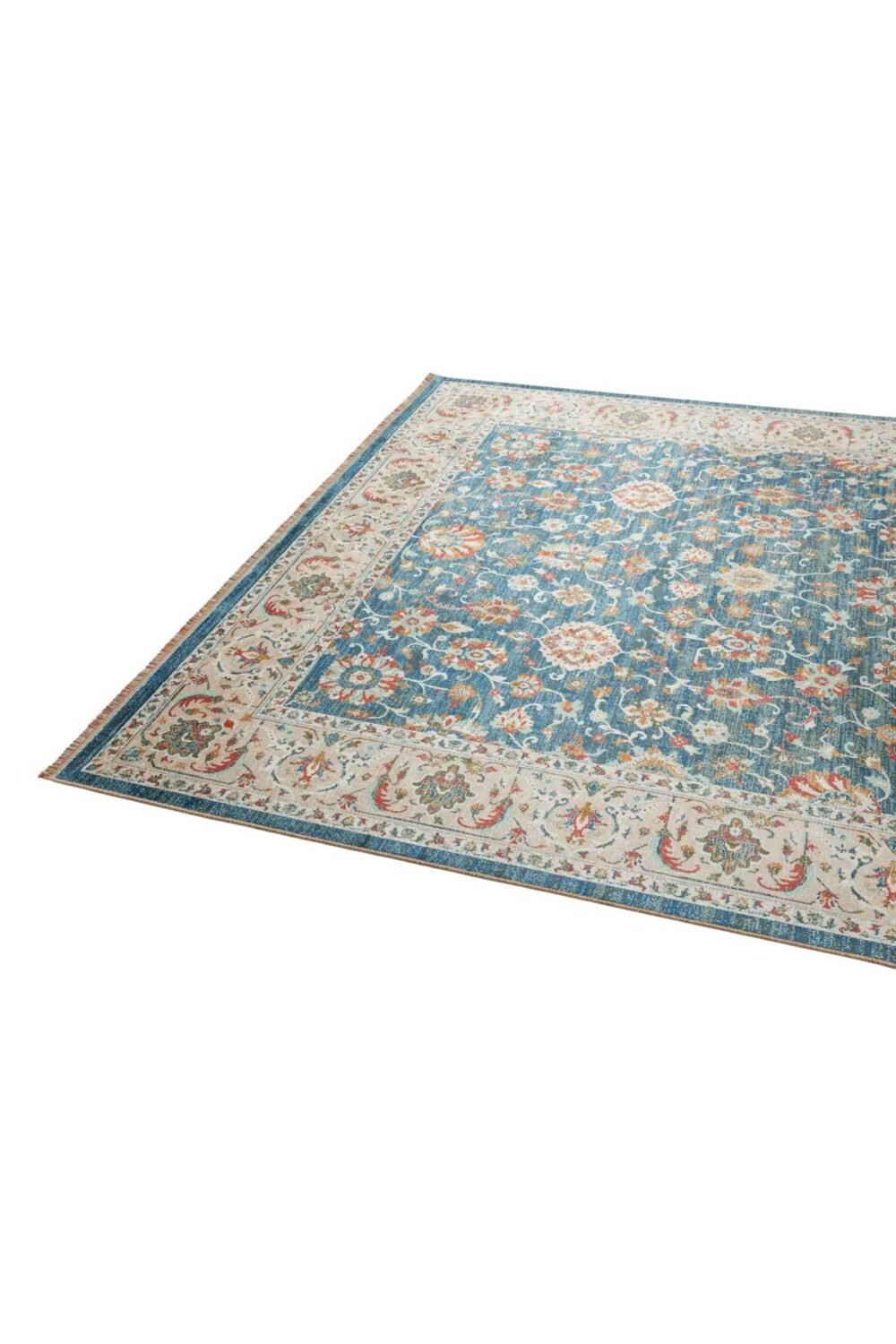 Cenefa ornamental en tonos crema con motivos florales de una alfombra oriental azul.