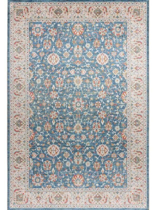 Alfombra oriental azul con motivos florales multicolor y cenefa decorativa en tonos crema