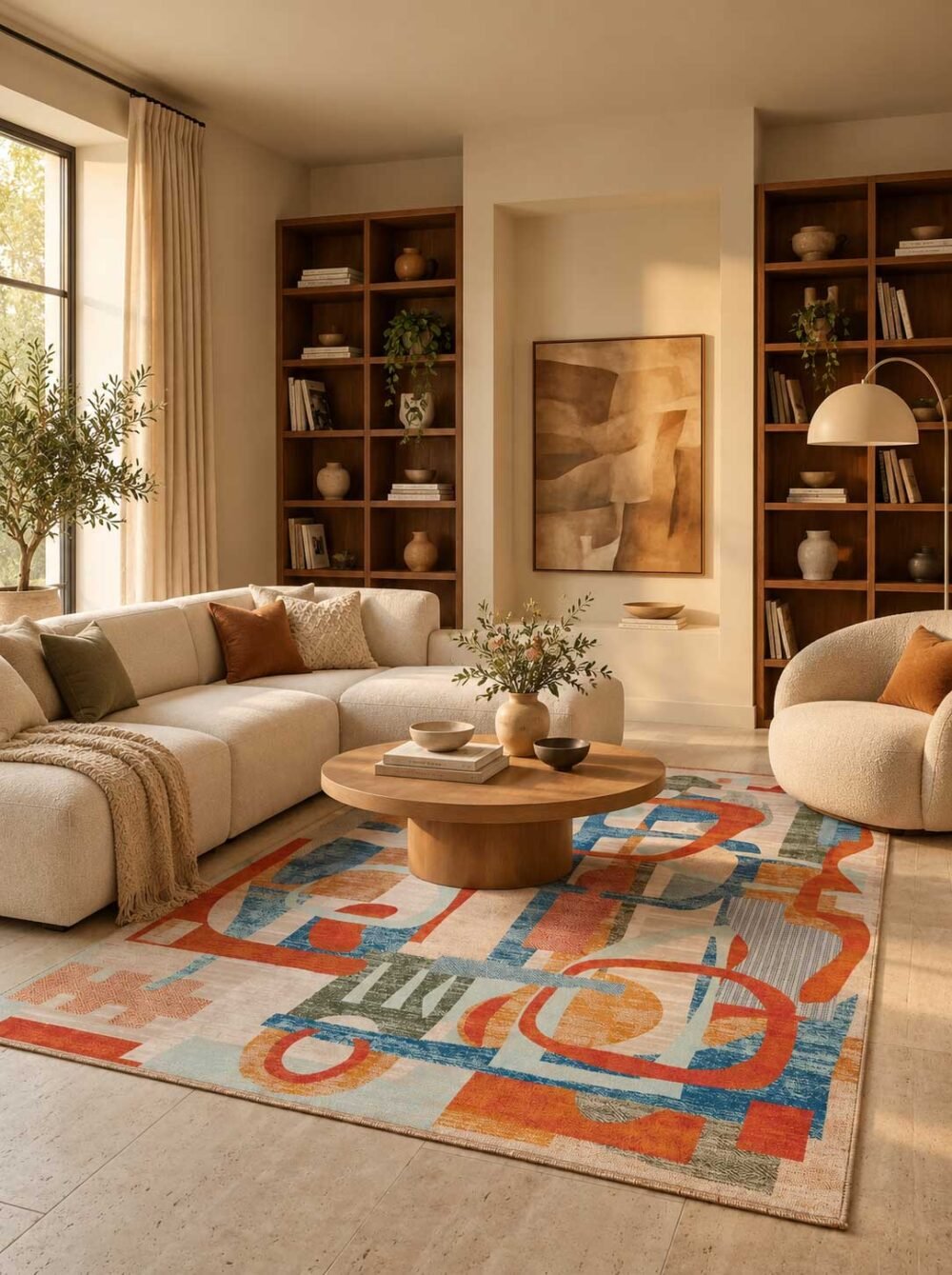 Alfombra abstracta multicolor Matisse con diseño geométrico en azul, terracota y beige